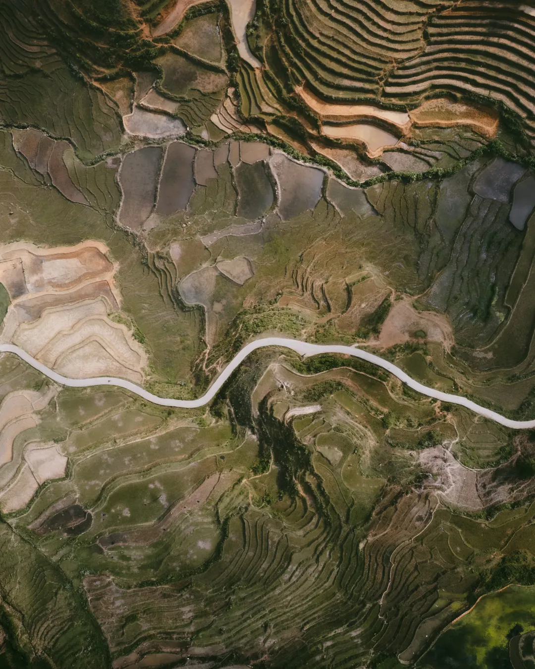 The original photograph: rice terraces near Sapa, Vietnam, seen from the air, with a white road winding across them.