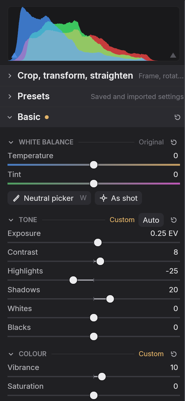 The histogram, then Basic: White balance, Tone with its Auto button, and Colour sliders, with Exposure 0.25 EV, Contrast 8, Highlights -25, Shadows 20 and Vibrance 10.