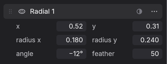 The Paddies mask’s Radial 1: x 0.52, y 0.31, radius x 0.180, radius y 0.240, angle −12°, feather 50.